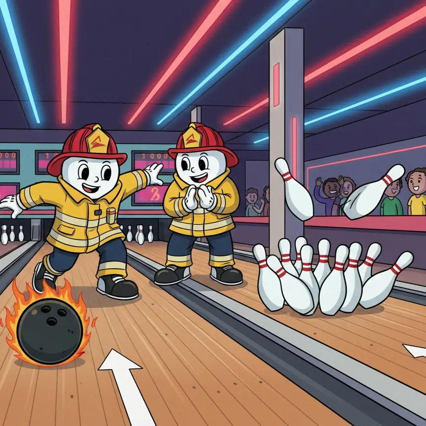 Feuerwehrcup: Comicfiguren in Feuerwehruniform auf der Bowlingbahn