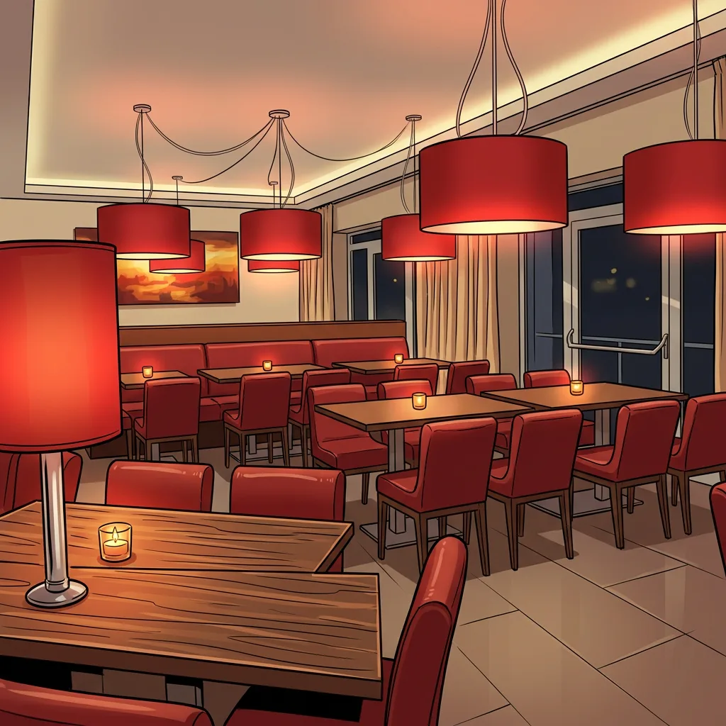 Restaurantbereich der Delta Bowling mit Sitzgruppen und roten Lampen
